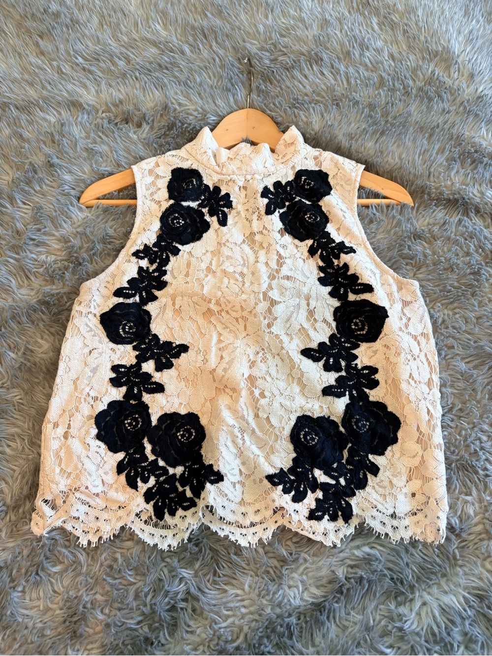 SAYLOR Cream Lace Mock Neck Tank with Black Floral Appliqué Coquette Romantic